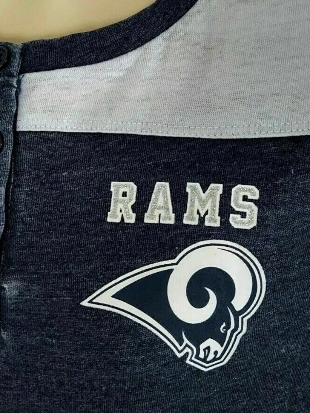Los Angeles Rams Girls T Shirt Size XL 14/16 Henley Jersey Style Sparkle Logo